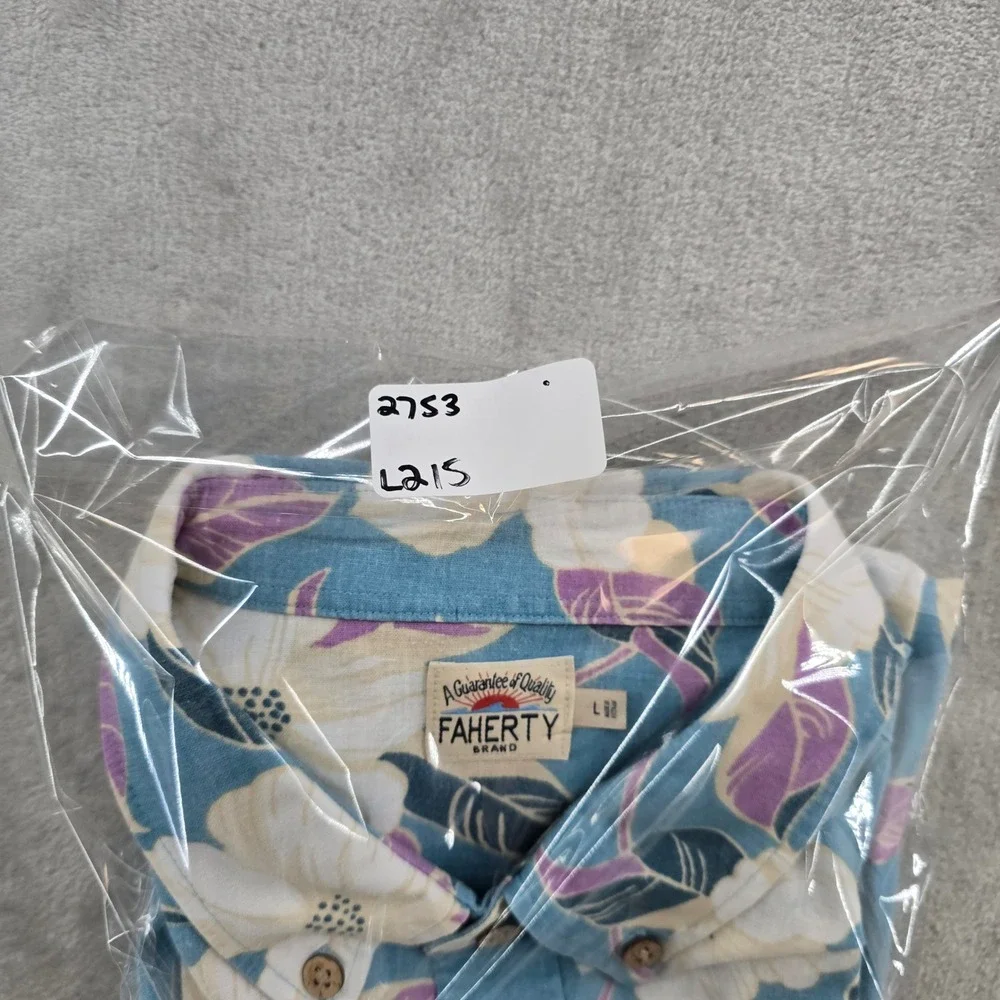 Faherty Button Down Shirt Mens Large Blue Hawaiian Floral Hemp Short Sleeve - Picture 8 of 8